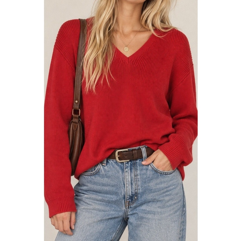 Vintage Y2K Eddie Bauer Womens Red 100% Cotton Knit V-Neck Thermal Sweater Large